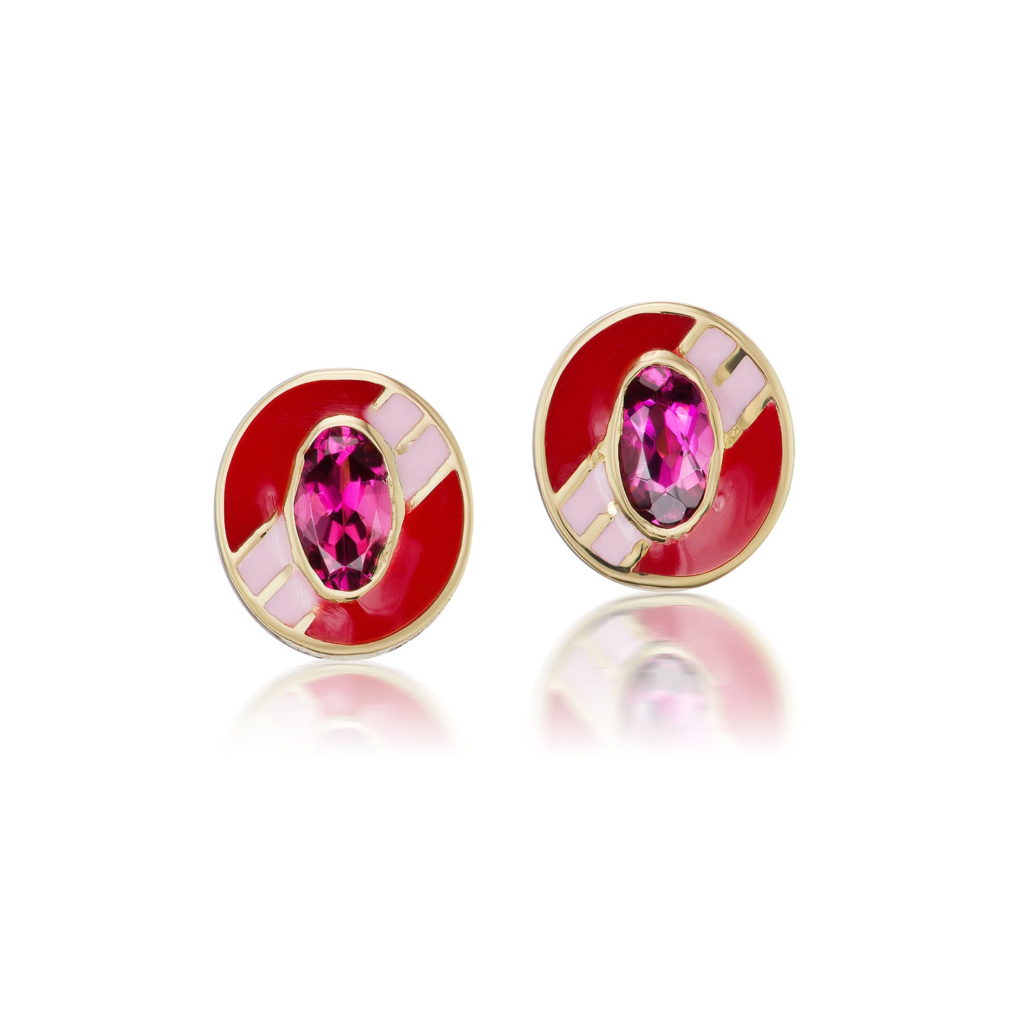 Pink Tourmaline Oval Striped Enamel Cocktail Stud Earrings