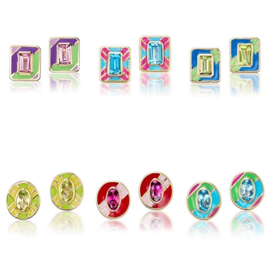 Pink Tourmaline Oval Striped Enamel Cocktail Stud Earrings
