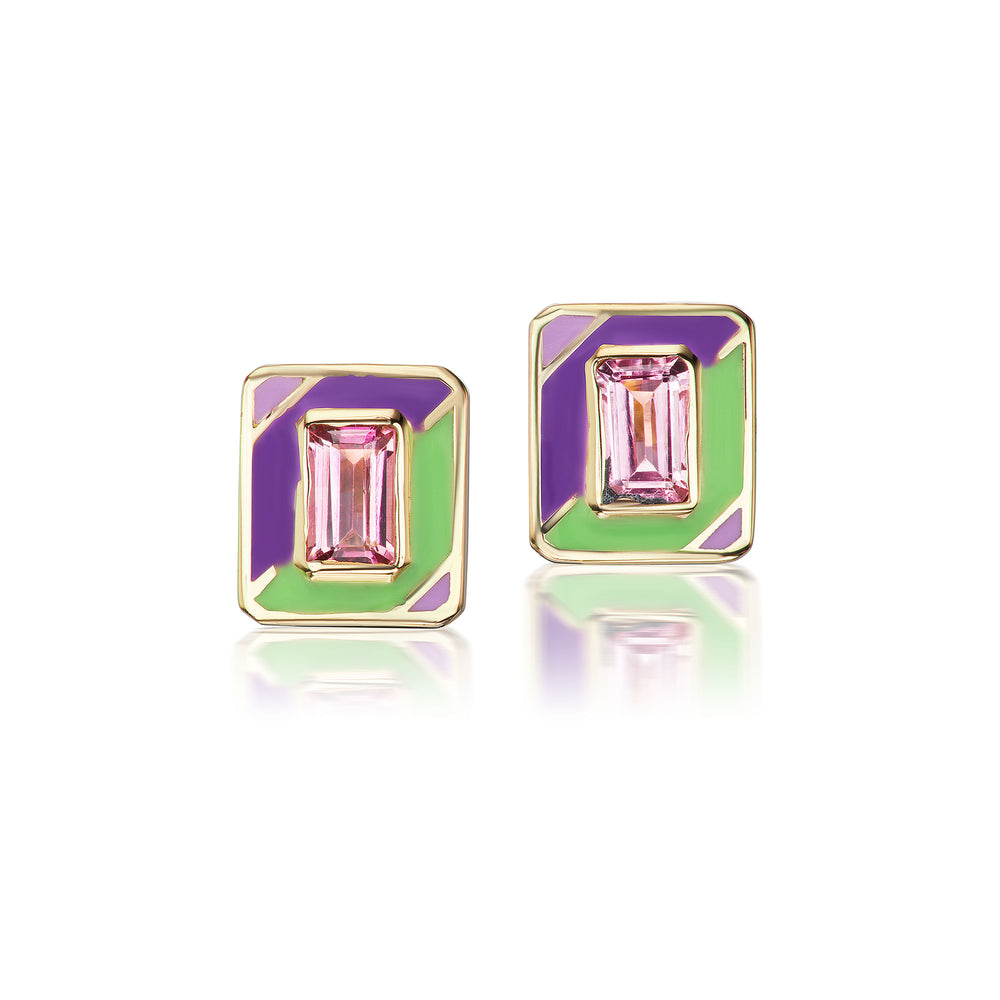 Pink Sapphire Multi Striped Enamel Rectangle Cocktail Stud Earrings